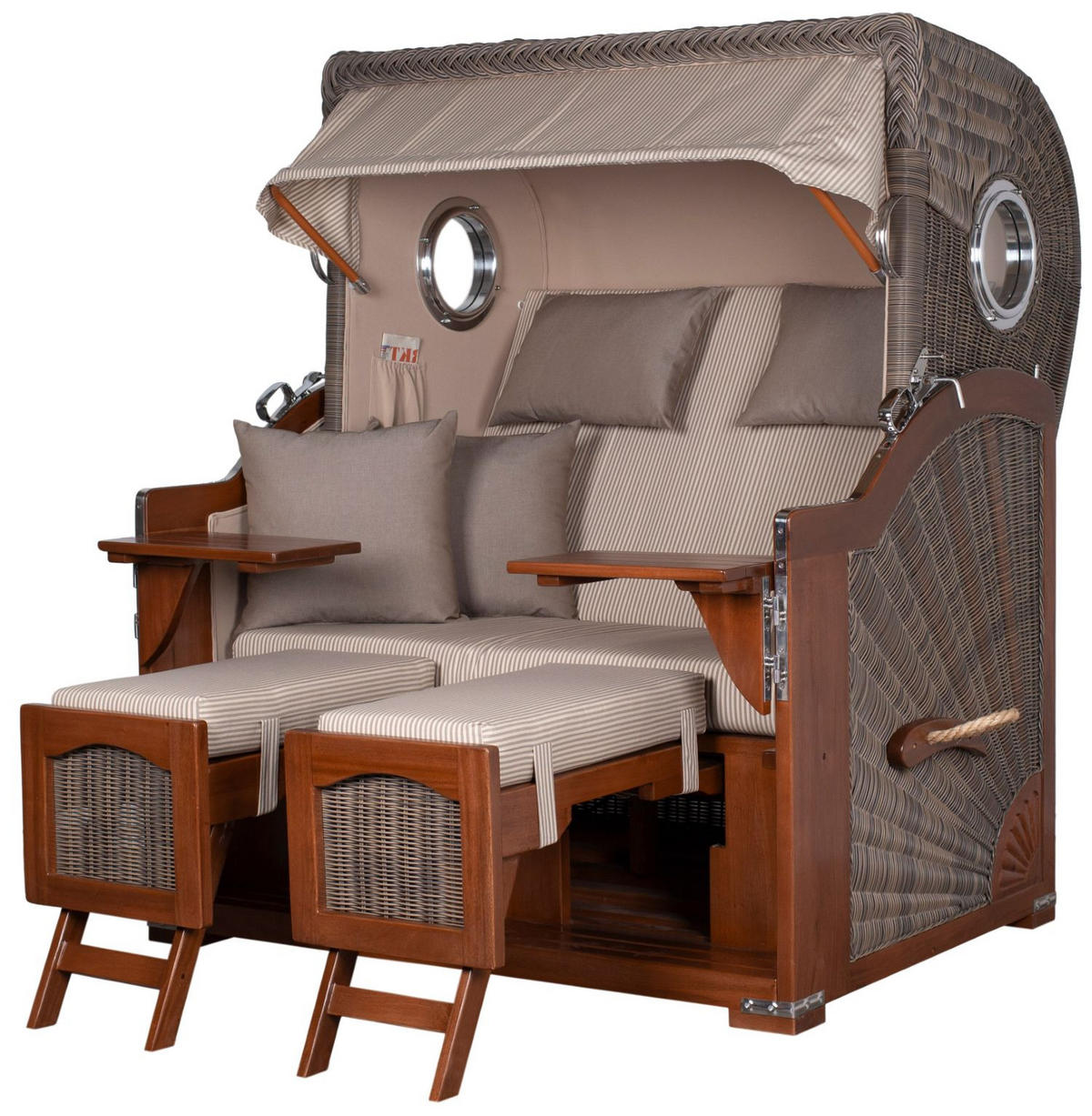 STRANDKORB Komplettset: Ammersee Grande XL Mahagoni Bullauge - PE grau - Modell 510 - Beige/Braun, Holz/Kunststoff (142/165/95cm) - bene living