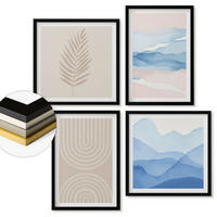 WANDBILDER 4er-Set - 50x50 cm & 40x60 cm Schwarzer Rahmen - Blätterwellen beige blau - Schwarz, Kunststoff (50/50cm) - ArtPrintCave