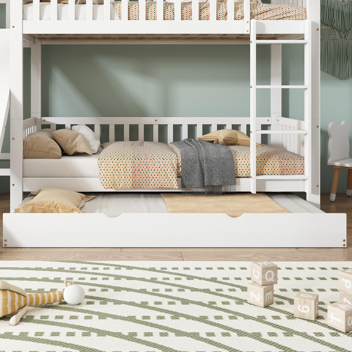 ETAGENBETT 90/200 und 90/190 cm Weiß mit Rutsche und Rollbett aus Kiefer und MDF - Weiß, Holzwerkstoff (90/200cm) - OKWISH