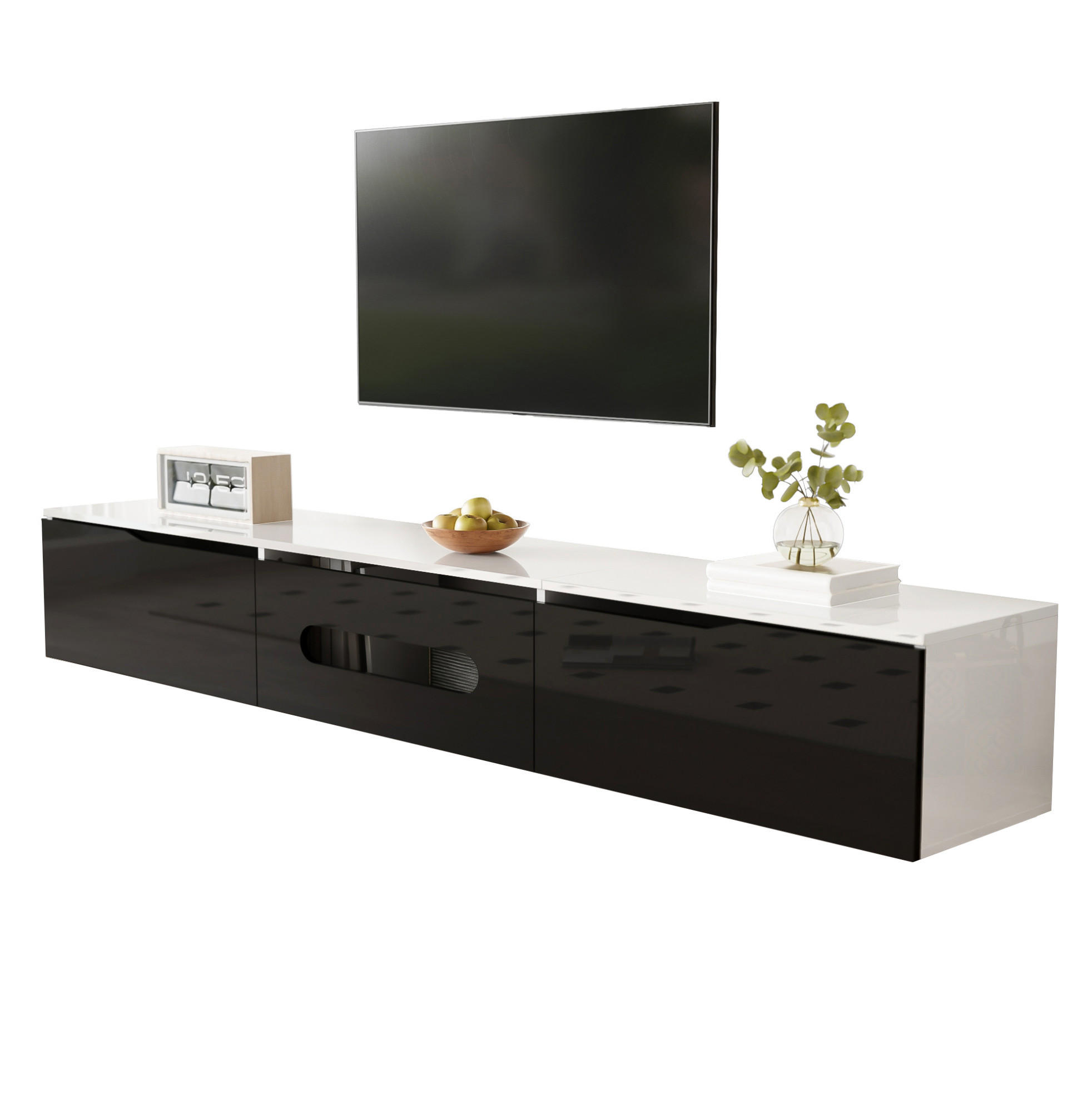 TV-BOARD aus MDF und Spanplatte 180x35x30 cm Schwarz-Weiß mit LED-Beleuchtung, wandmontierbar und mit Dämpfungsscharnieren - Schwarz, Holzwerkstoff (180/30/35cm) - Modfu