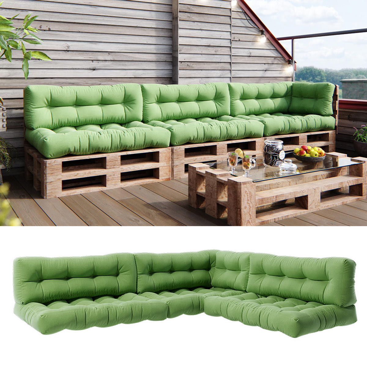 PALETTENKISSEN SET Flocken Grün 7 Teile - Grün, Textil (120/15/80cm) - Vicco