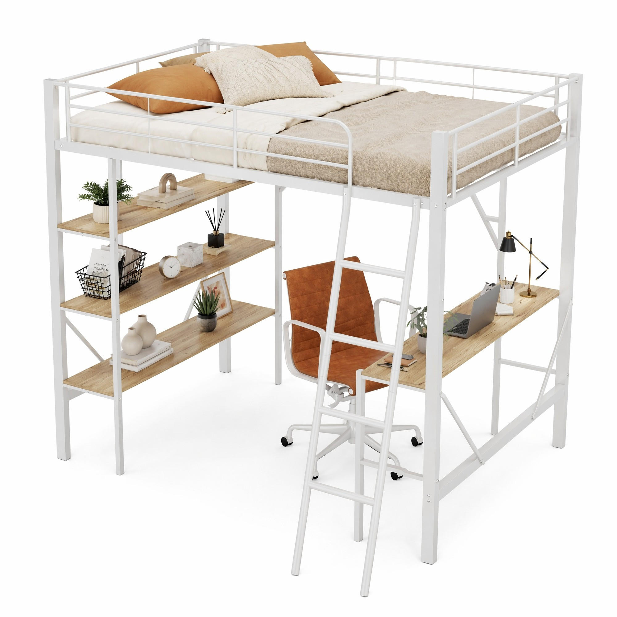 HOCHBETT 90/200 cm Weiß aus Metall und MDF mit Schreibtisch und 3 Ablagen - Weiß, Holzwerkstoff (90/200cm) - OKMYHOME