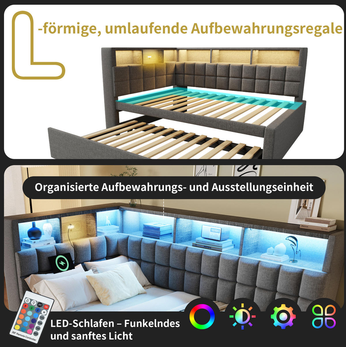 POLSTERBETT 90/200 cm mit Ausziehbett, LED, Bluetooth-Lautsprecher und USB-C - Grau, Textil (90/200cm) - BEAOK