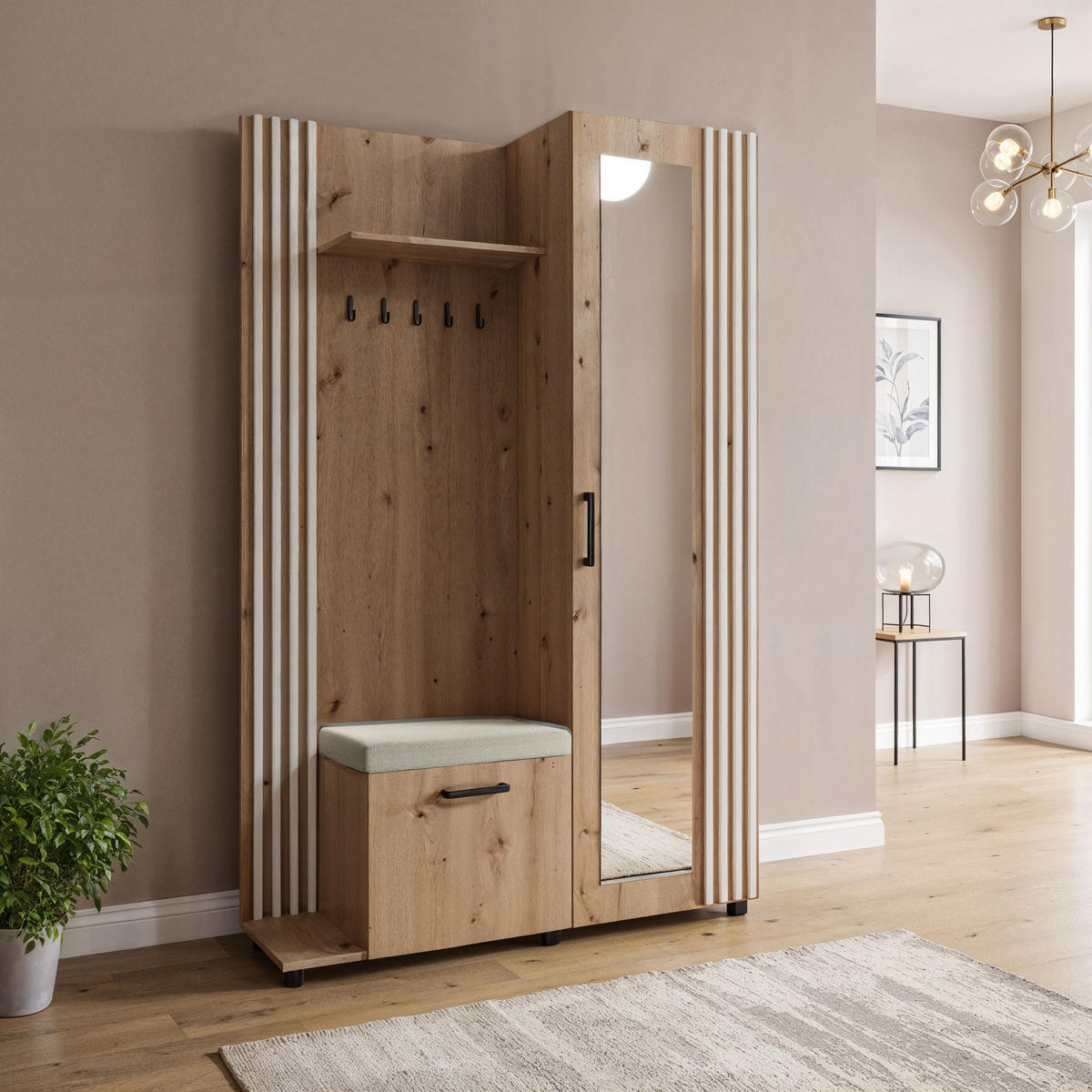 GARDEROBE Linaro mit Spiegel, Sitzbank in Lamellen-Optik 137/207/42 cm, Links - Schwarz/Eiche Artisan, Holzwerkstoff (137/207/42cm) - WFL GROUP