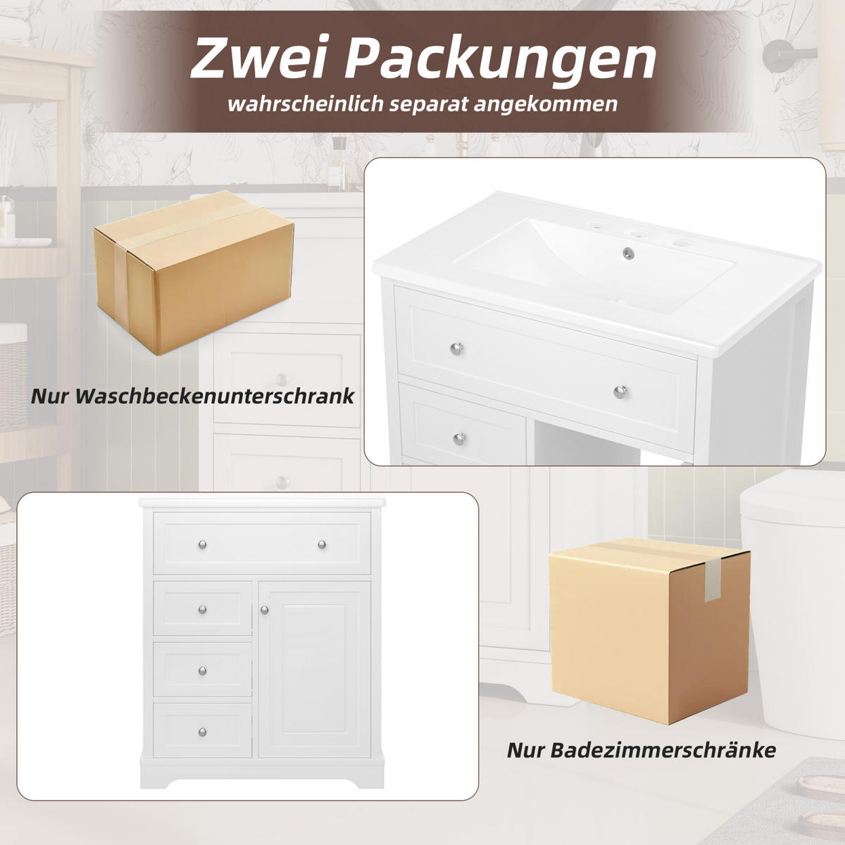 WASCHTISCH,BADEZIMMERMÖBEL mit Keramikbecken Weiß 4 Schubladen - Weiß, Holz/Metall (76/87/46cm) - PARAFTA HOME