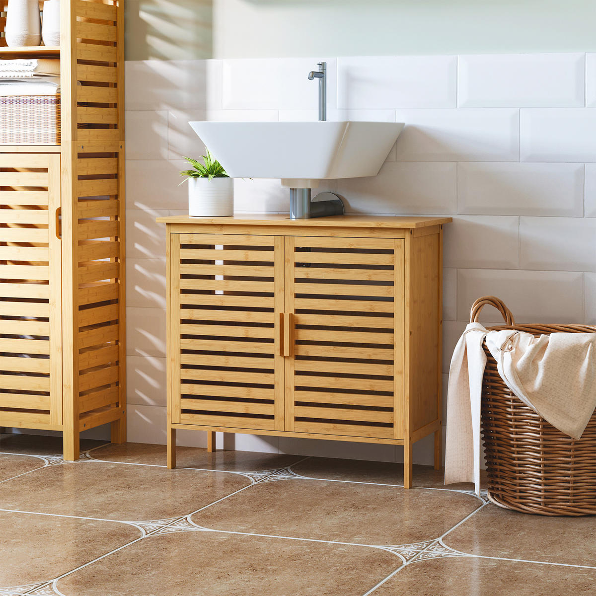 WASCHBECKENUNTERSCHRANK DE-15867 aus Bambus mit 2 Türen Natur - Naturfarben, Naturmaterialien (66/61.5/29cm) - ComfortXL