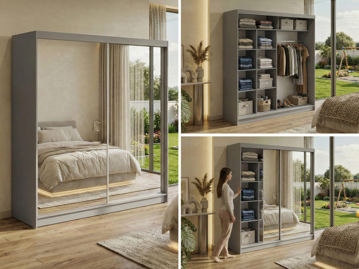 SCHWEBETÜRENSCHRANK 200 - DUBROWNIK - Grau mit Spiegel - Alufarben/Grau, Holzwerkstoff/Metall (200/216/61cm) - MKS