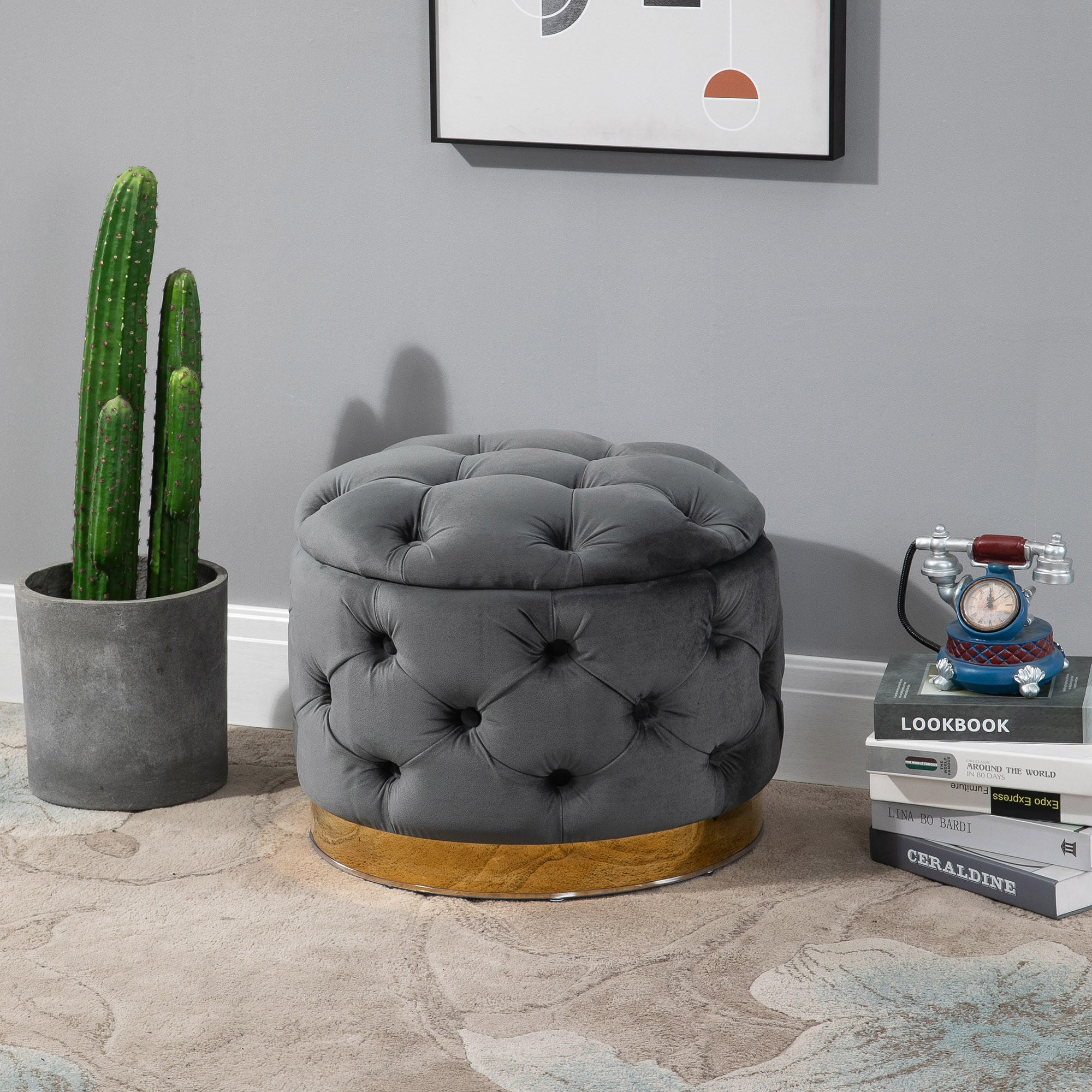 VINTAGE Hocker, Sitzhocker, Kohlegrau - Grau, Textil (55/42/55cm) - HOMCOM