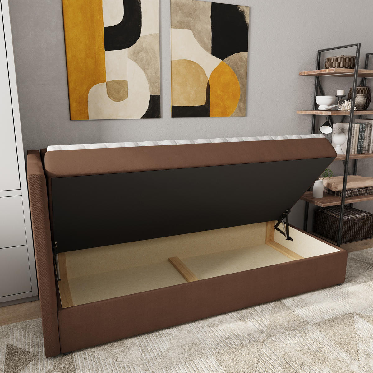 BOXBETT BEVE 80x200 cm mit Matratze und Topper, H2+H3 - Braun - Braun, Holz (80/200cm) - MASSENO