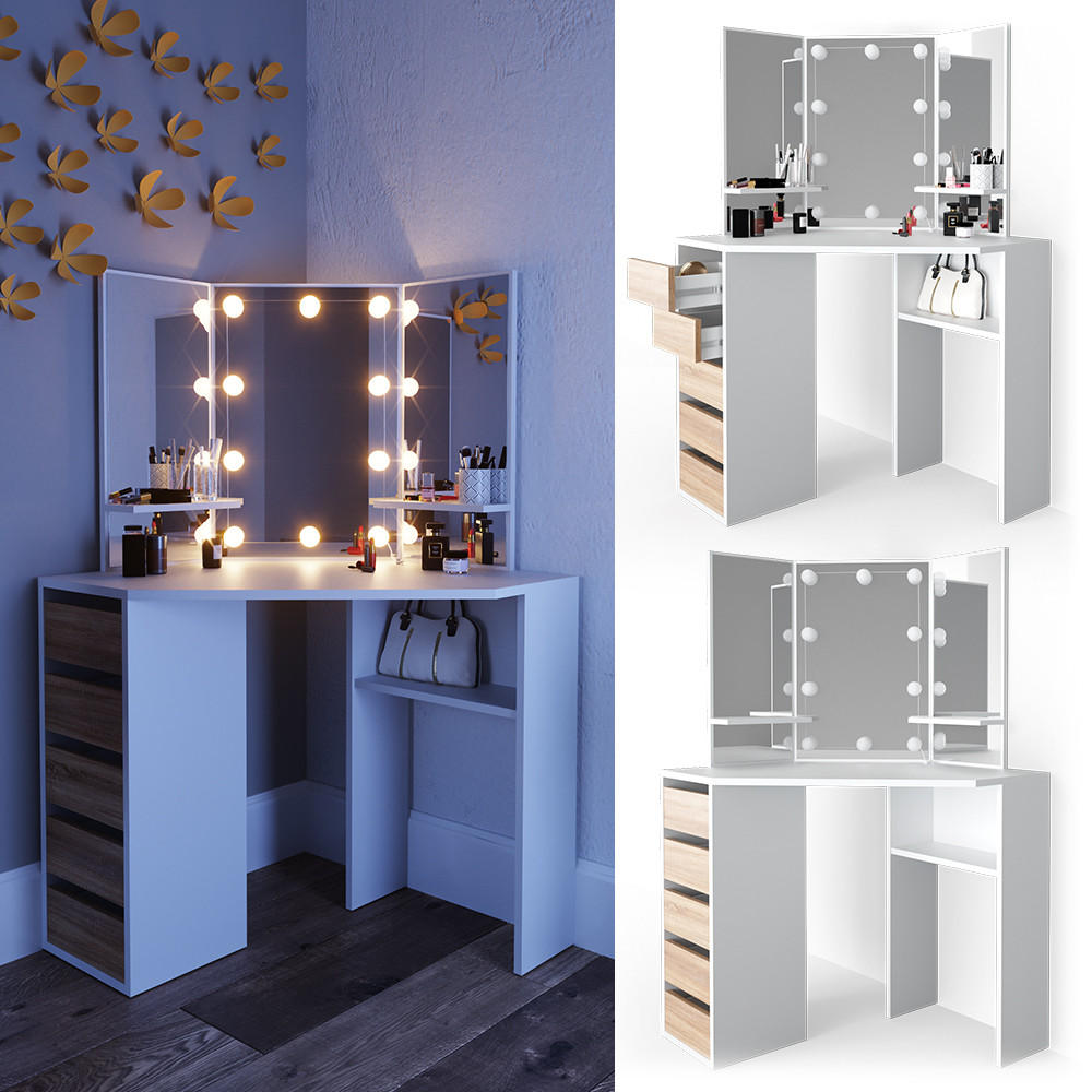 ECKSCHMINKTISCH Arielle Weiß/Sonoma 110 cm mit LED Beleuchtung - Weiß/Sonoma Eiche, Holzwerkstoff (110/141.5/54cm) - Vicco