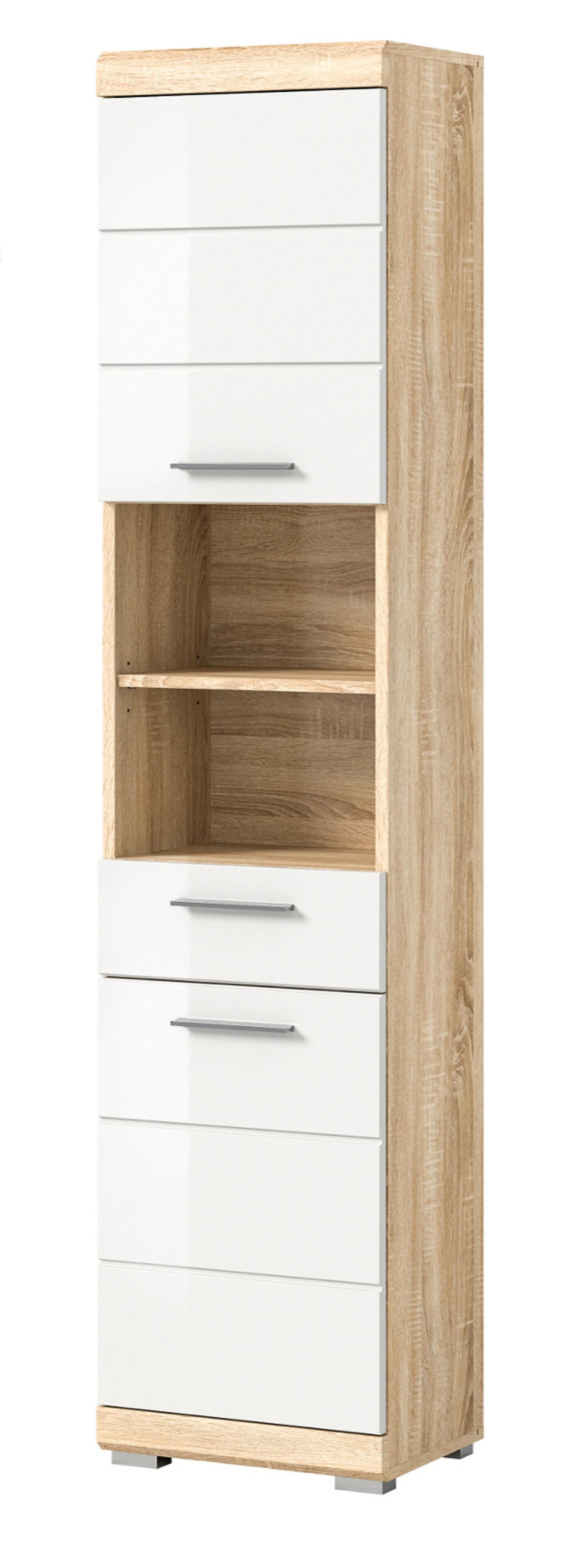 HOCHSCHRANK weiß Hochglanz, Eiche 37 cm, Badschrank mit 6 Fächern - Weiß Hochglanz/Eichefarben, Holzwerkstoff/Kunststoff (37/191/31cm) - Inn.Furn