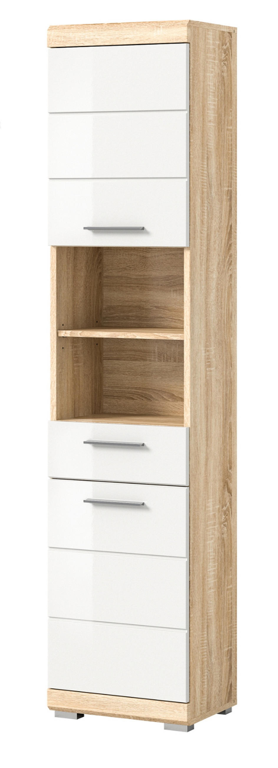 HOCHSCHRANK weiß Hochglanz, Eiche 37 cm, Badschrank mit 6 Fächern - Weiß Hochglanz/Eichefarben, Holzwerkstoff/Kunststoff (37/191/31cm) - Inn.Furn