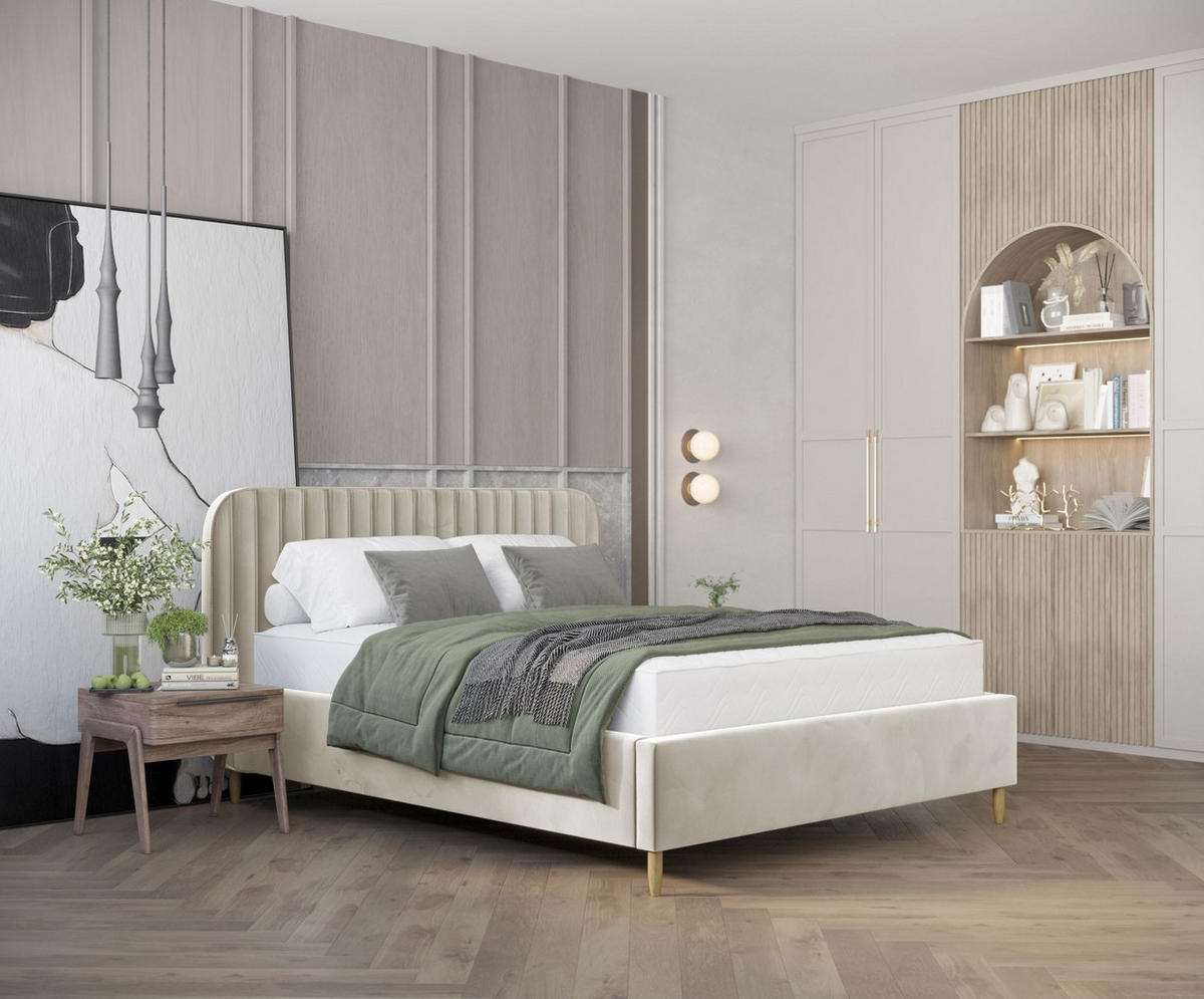 POLSTERBETT Noto Hellbeige 120/200 cm im Samtstoff - Beige/Naturfarben, Holz/Holzwerkstoff (120/200cm) - Maison de Reve