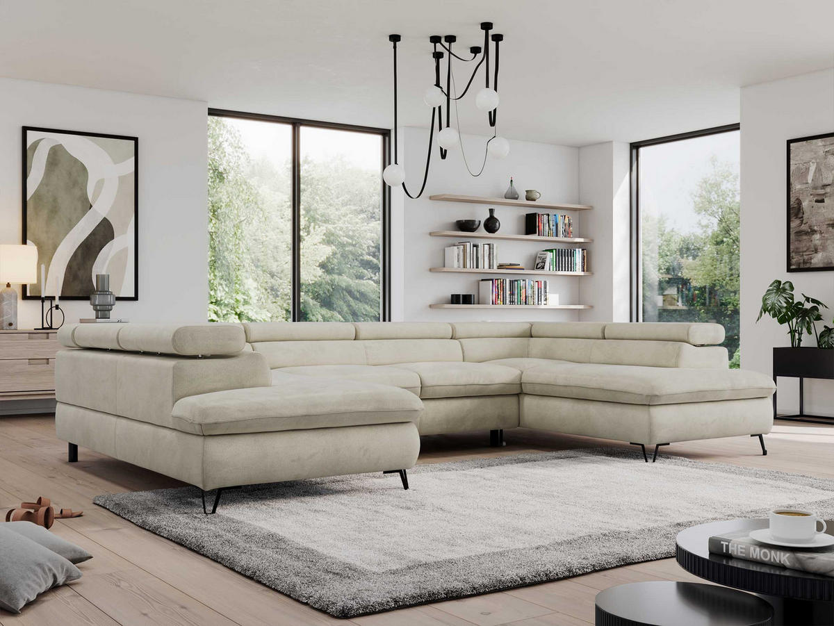 WOHNLANDSCHAFT PEDRO U Velvet Beige - Beige/Schwarz, Textil/Metall (346/76/208cm) - MKS