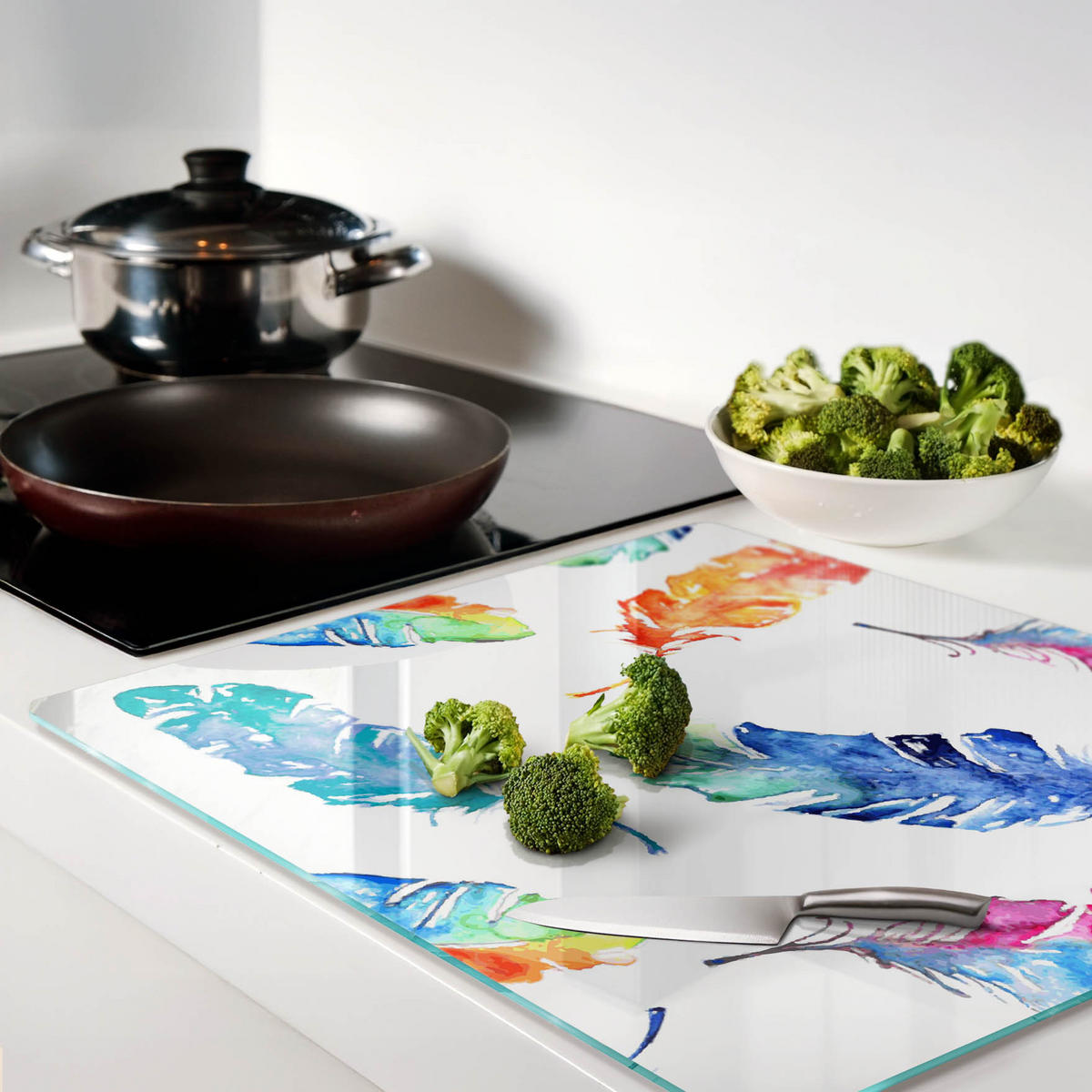 GLASPLATTE 60x52 cm Bunte Federn - Multicolor, Glas (60/0.4/52cm) - TULUP