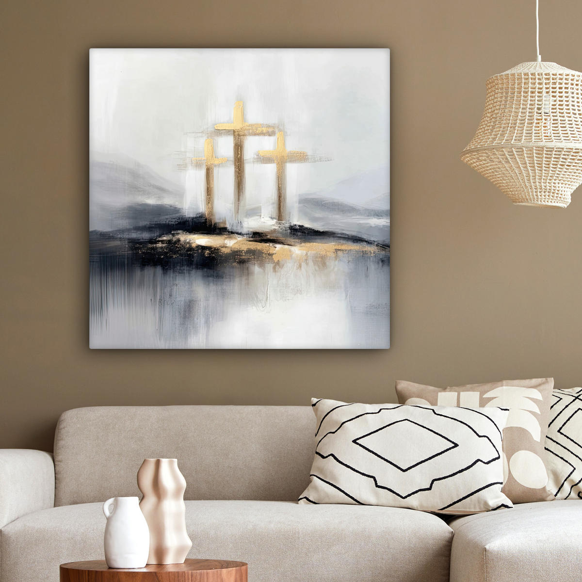 LEINWANDBILD Abstrakt - Malerei - Christentum - Kreuz Deko Groß 90x90 cm - Weiß, Textil (90/90cm) - MuchoWow