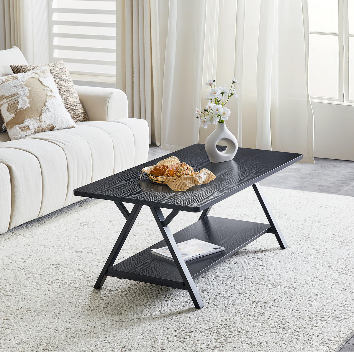 COUCHTISCH aus MDF und Metall 110x57x44,5 cm in Schwarz mit Stauraumablage - Schwarz, Holzwerkstoff (110/57/44.5cm) - Modfu