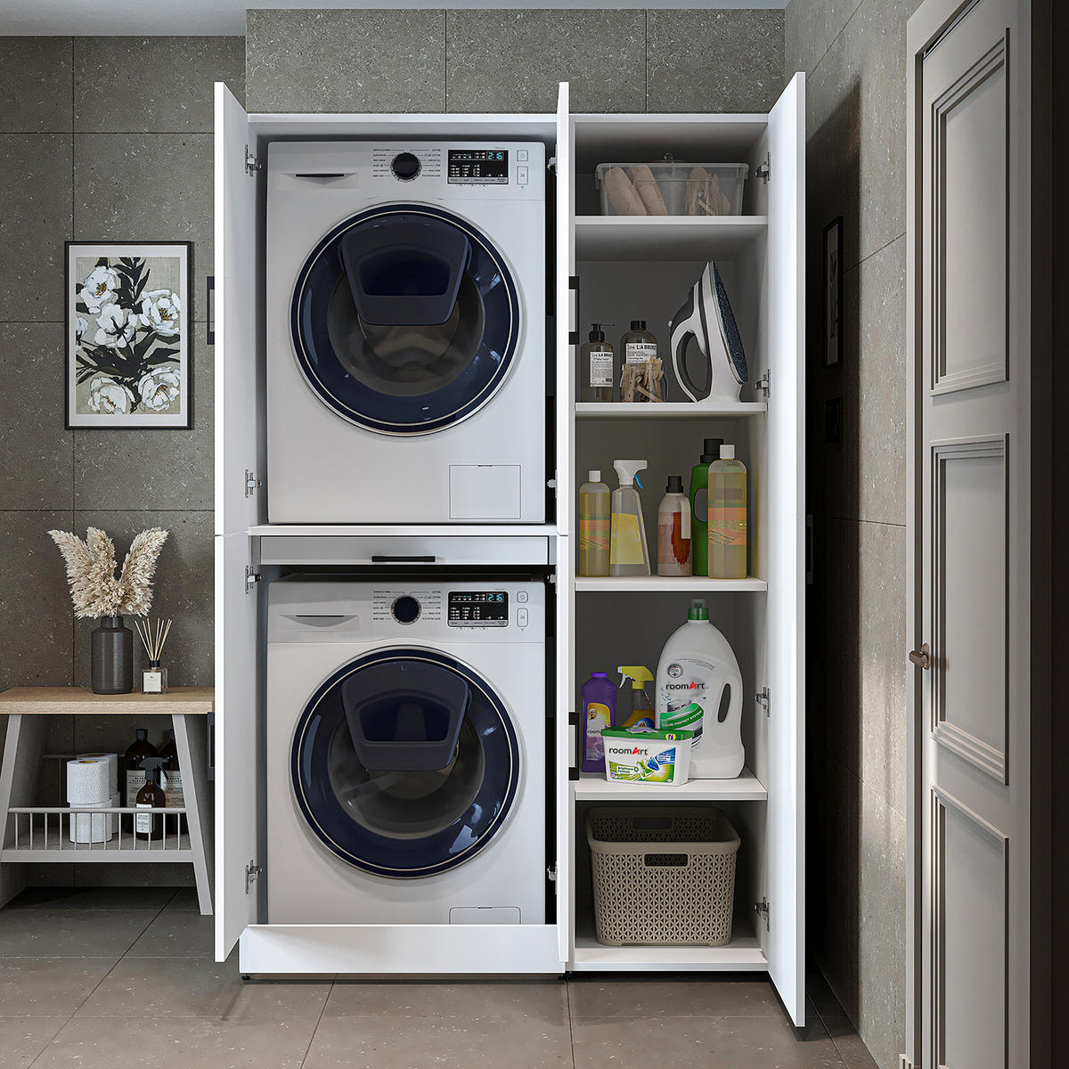 WASCHMASCHINENSCHRANK DORA-I 115cm Breit, 186cm Hoch - Weiß, Holzwerkstoff (115/186/73.8cm)