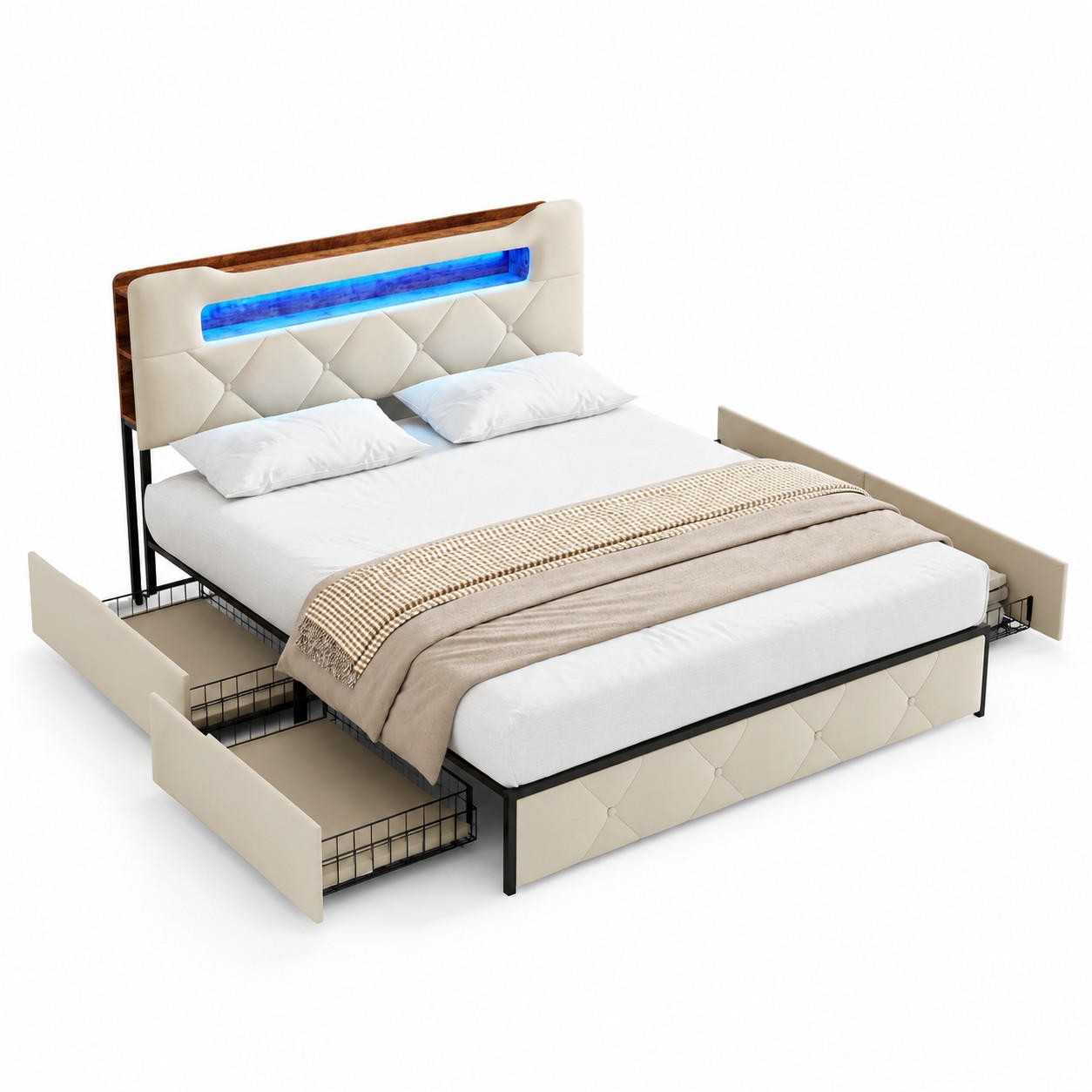 POLSTERBETT 160/200 cm Beige mit LED, USB & 4 Schubladen - Beige, Holz/Metall (160/200cm) - Joyfair
