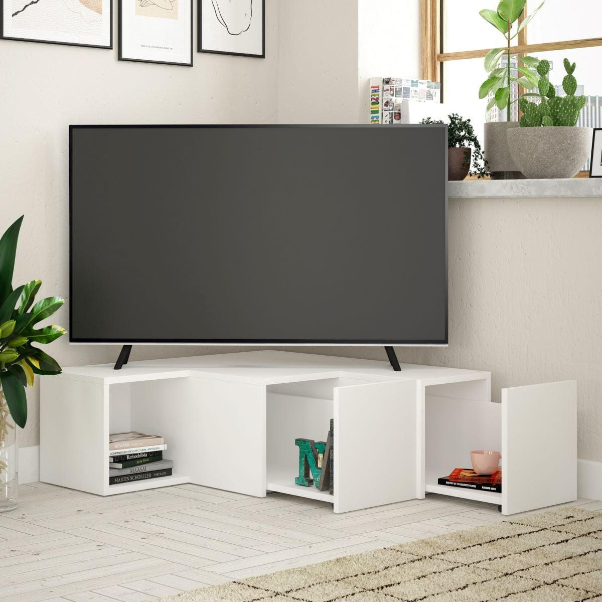 ECK-TV-MÖBEL mit 2 Schubladen und 1 Nische L90 cm - Compact - Weiß, Holzwerkstoff (92/32/90cm) - Calicosy