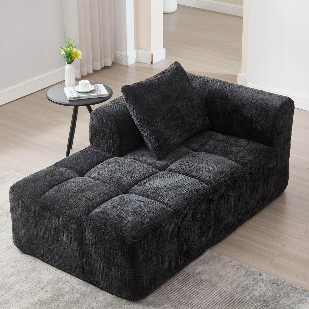 CHAISELONGUE Sofa Chenille mit Seitentaschen und Kissen 158/90/60 cm Schwarz - Schwarz, Textil (60/158/90cm) - Redom