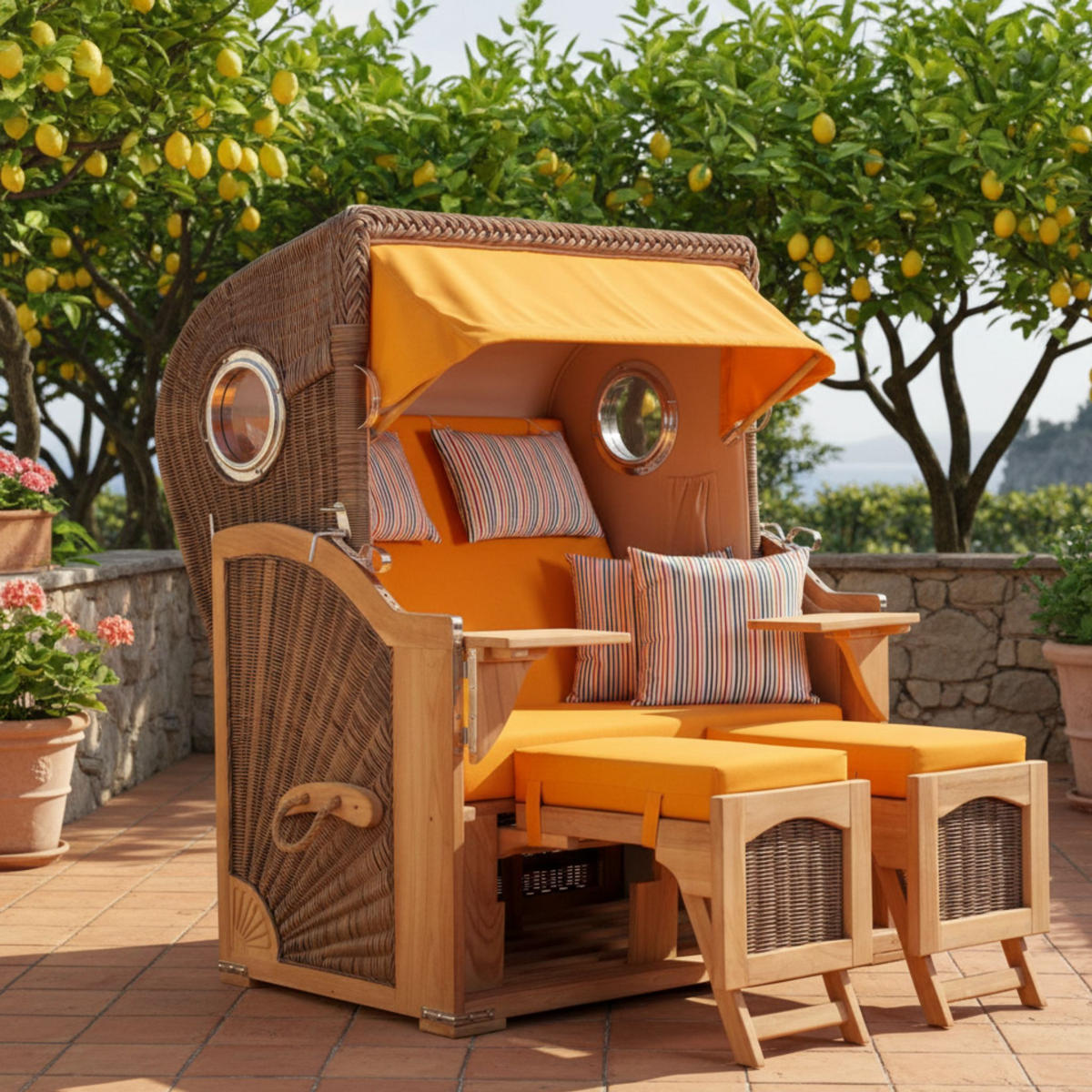 STRANDKORB Düne 2 Sitzer Teak PE Grey - Gelb/Braun, Holz/Metall (125/170/80cm) - Mr. Deko