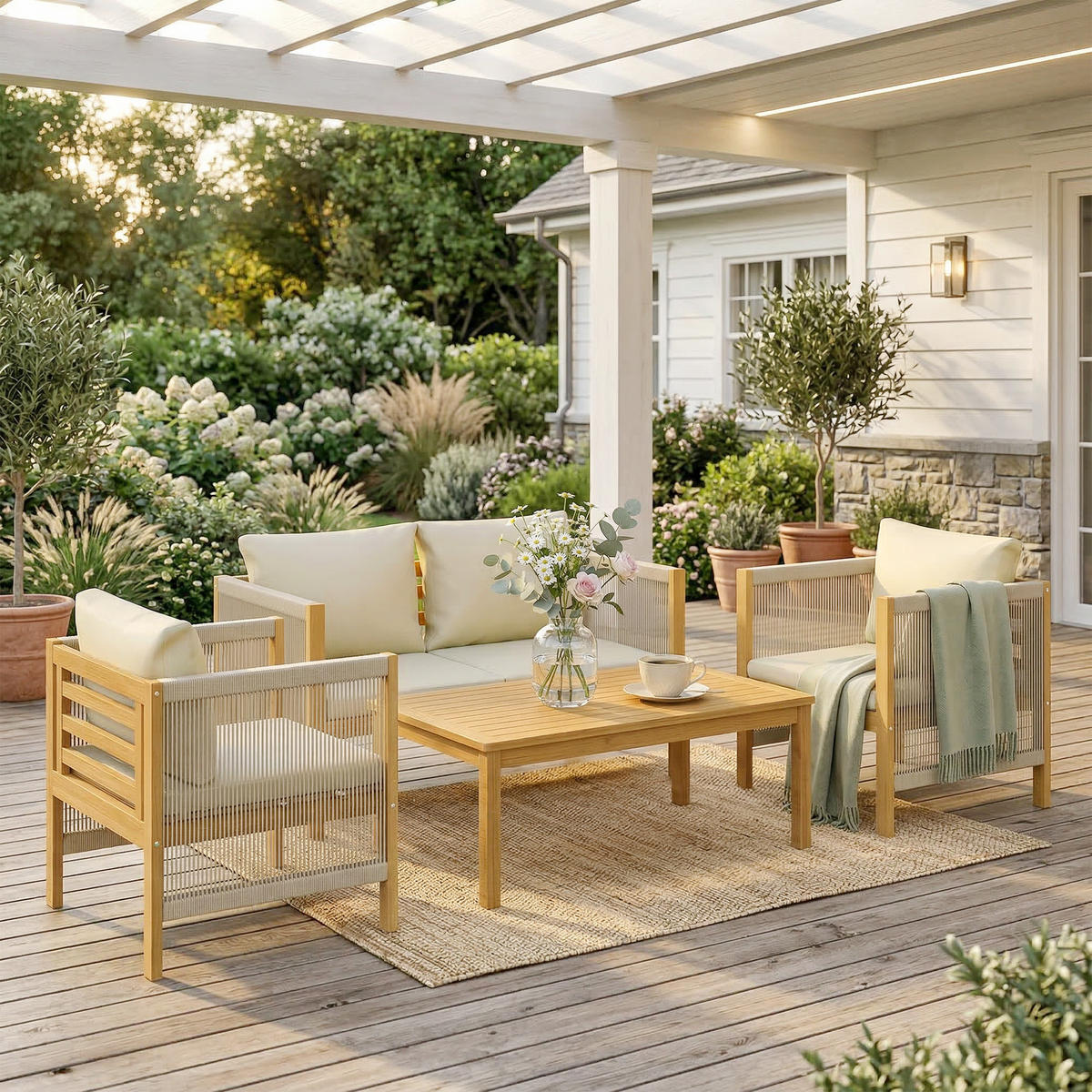 BALKONMÖBEL-SET 4er Set Akazienholz Polyester Beige - Beige/Akaziefarben, Holz/Textil - Outsunny