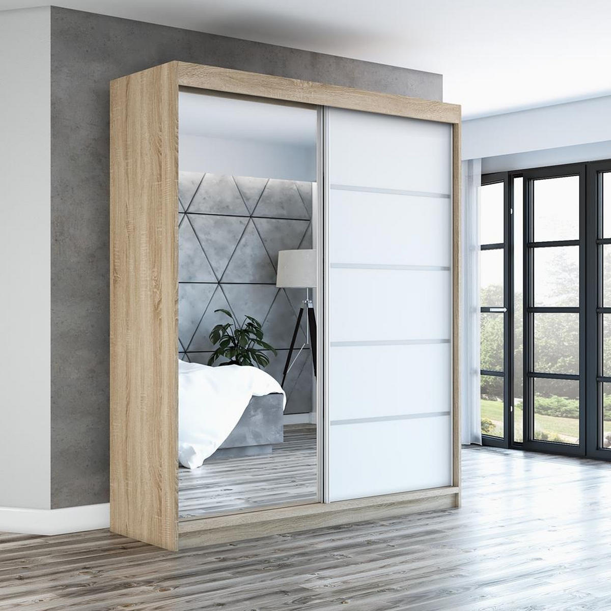 SCHWEBETÜRENSCHRANK 180 CM BERLIN Farbe: Sonoma , weiß - Braun/Weiß, Holzwerkstoff (180/215/59.5cm) - A&J MöbelLand