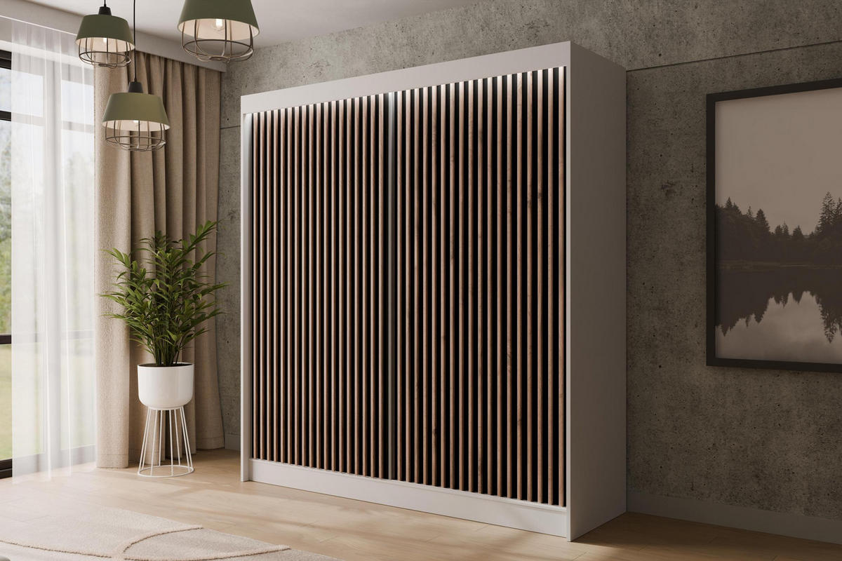 KLEIDERSCHRANK mit LED, Lamel-Schiebetüren VILANv2 - 200 cm Weiß + Lamelle Eiche Wotan - Eiche Wotan/Weiß, Holzwerkstoff (200/215/61cm) - ALTDECOR