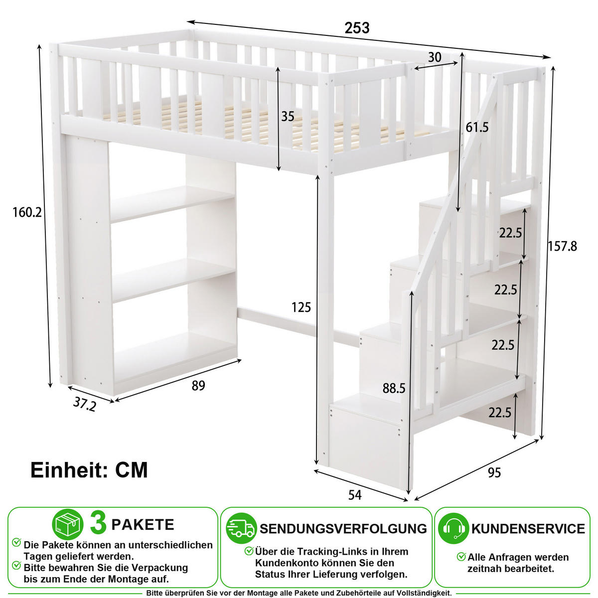 HOCHBETT 90/200 cm in Weiß mit 3 Fächern und Stauraumtreppe - Weiß, Holz/Holzwerkstoff (90/200cm) - CHICFURN