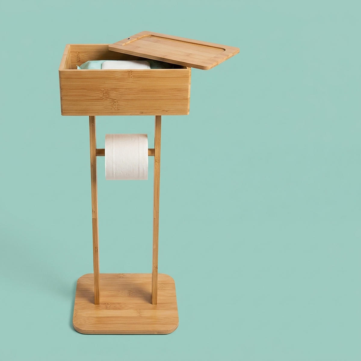 STOJAN Přírodní bambus na toaletní papír s úložným boxem - světle hnědá, dřevo (25/64.5/20cm) - Relaxdays