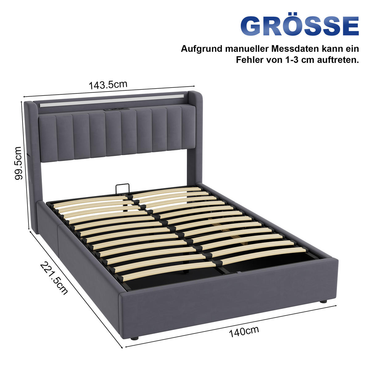 POLSTERBETT 140/200 cm in Grau, mit Bettkasten, Stauraum, USB und LED Beleuchtung, ohne Matratze - Grau, Holzwerkstoff/Textil (140/200cm) - WISHDOR