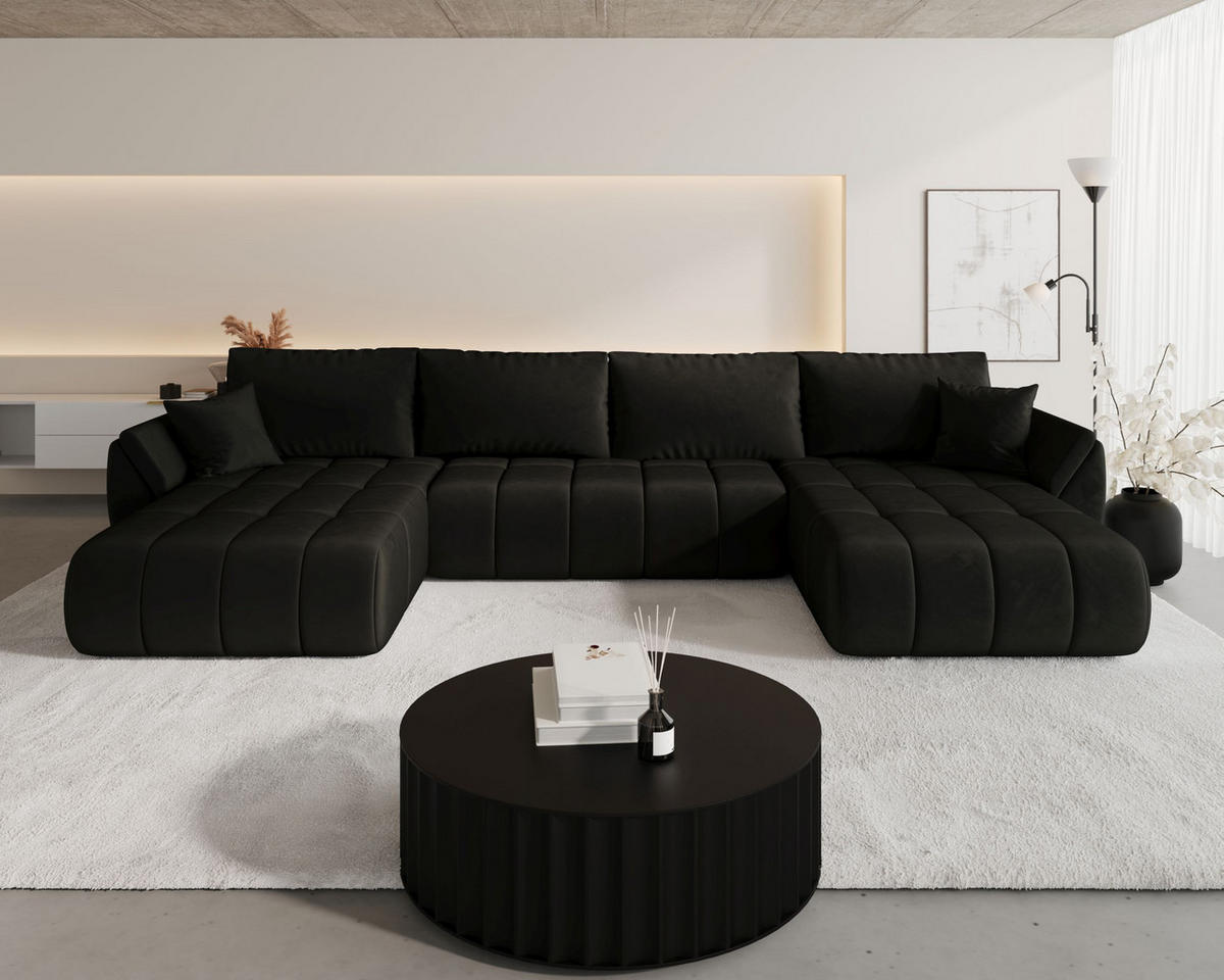 WOHNLANDSCHAFT SYDNEY PREMIUM U-Form graphit Velours Monolith 95 - Schlaffunktion, Bettkasten - Anthrazit, Textil (385/85/175cm) - Cornero