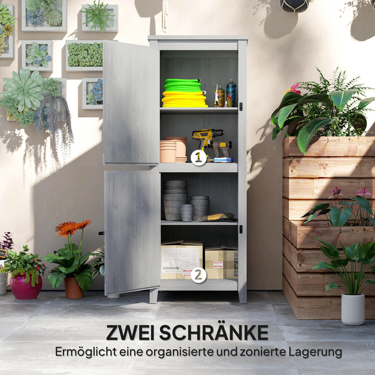 GARTENSCHRANK Holz 60x60x160cm - Hellgrau, Holz (60/160/60cm) - Outsunny