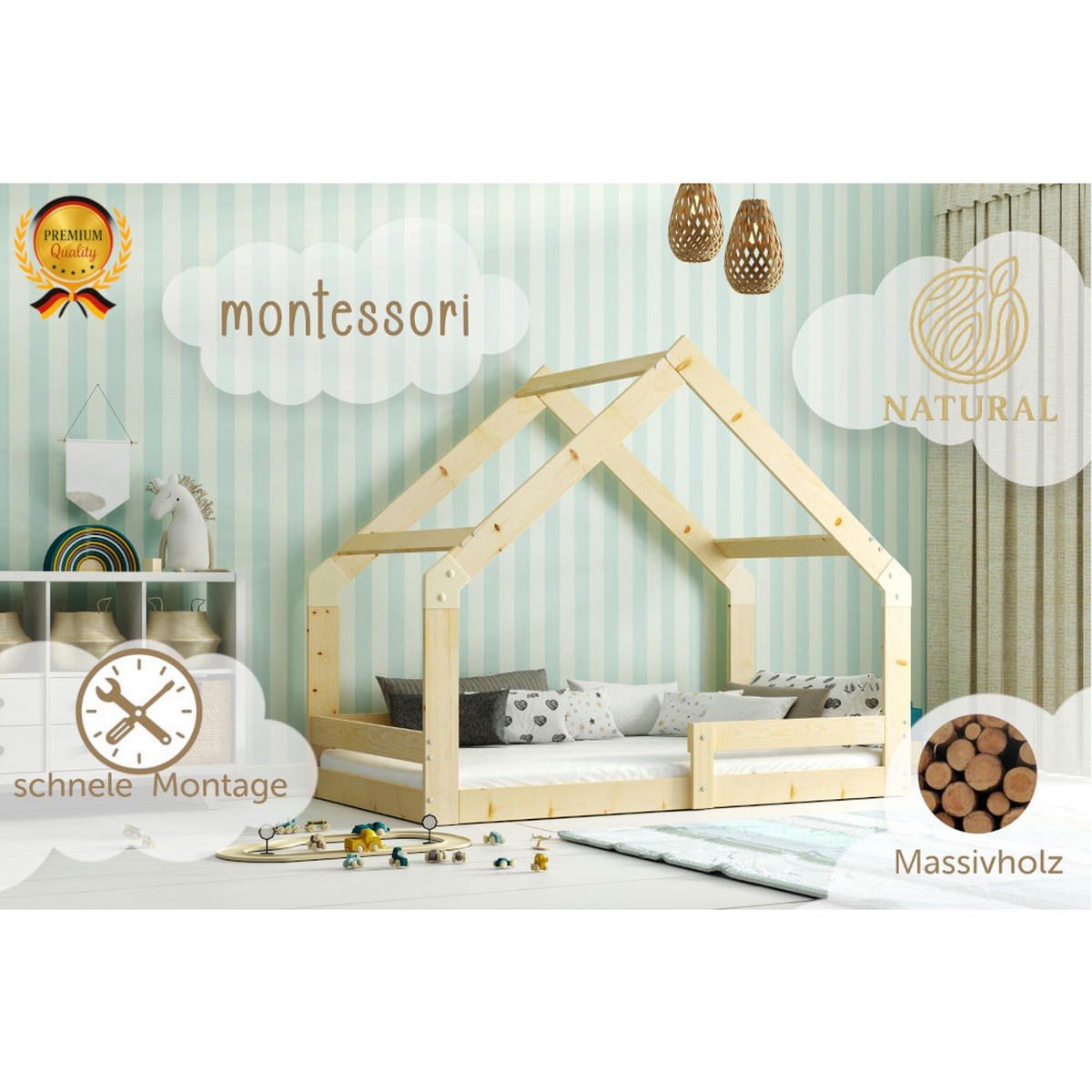 HAUSBETT Kinderbett 160x80cm aus Kiefernholz - Naturfarben, Holz (80/160cm) - Interbeds