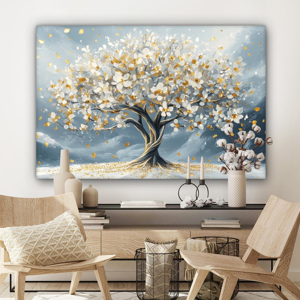 LEINWANDBILD Baum - Winter - Baum des Lebens - Modern - Gold Wohnzimmer 120x80 cm - Goldfarben, Textil (120/80cm) - MuchoWow