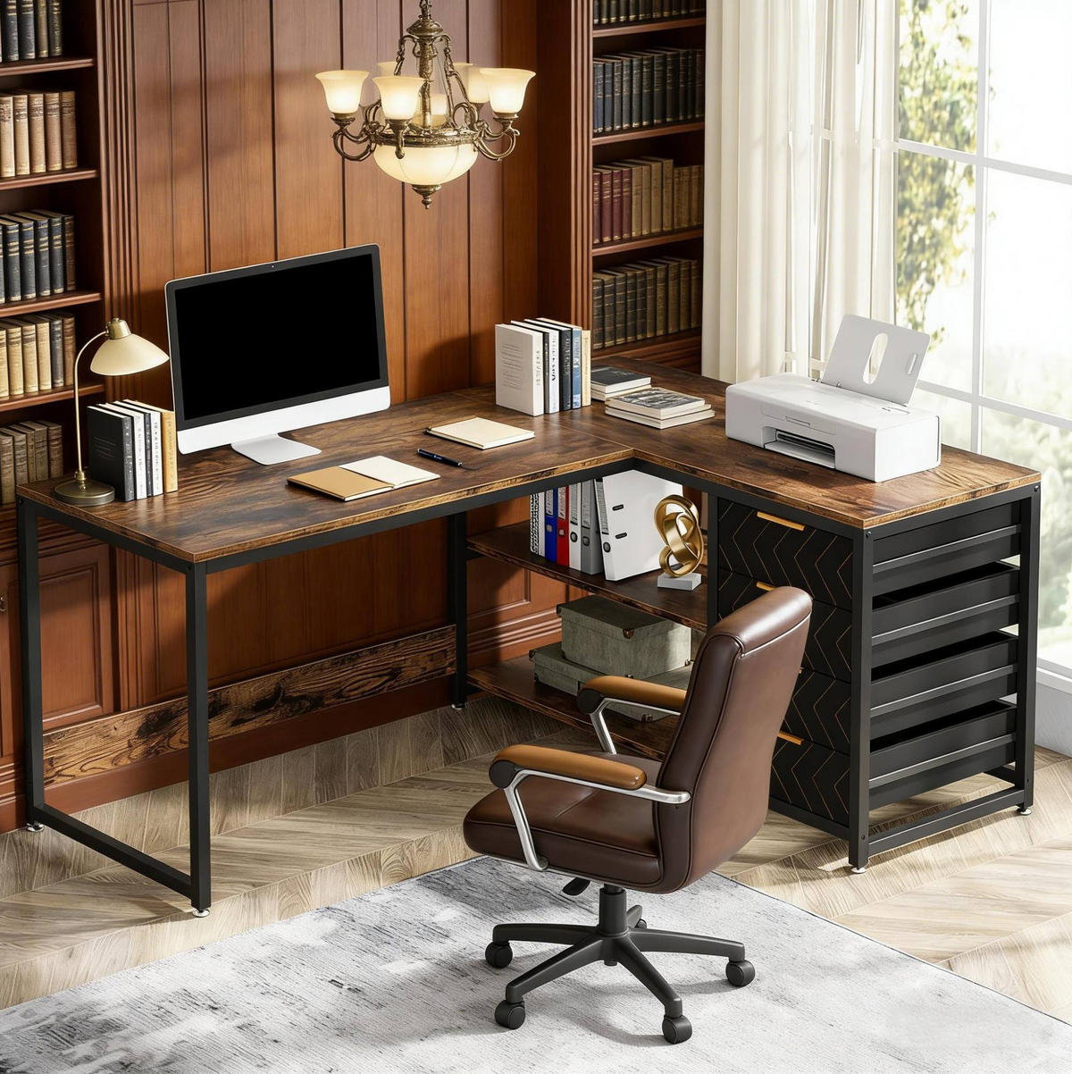ECKSCHREIBTISCH L-Form mit Regal und 4 Schubladen Schwarz Rustic Brown - Schwarz, Metall (150/110/75cm) - Meubliv