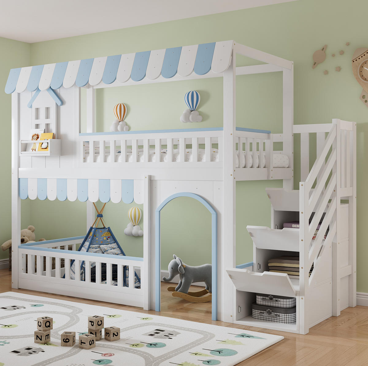 ETAGENBETT 90/200 cm mit Treppenstauraum und Schutzgittern in Weiß/Blau - Weiß, Holz - BEAOK