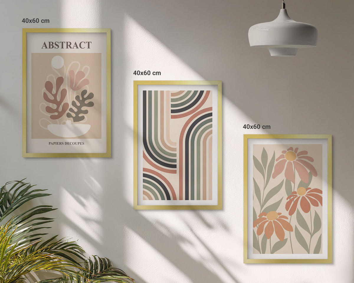 WANDBILDER 3er Set - 40x60 cm Goldrahmen - Abstrakte Pflanzen in Pastellfarben - Goldfarben, Kunststoff (40/60cm) - ArtPrintCave