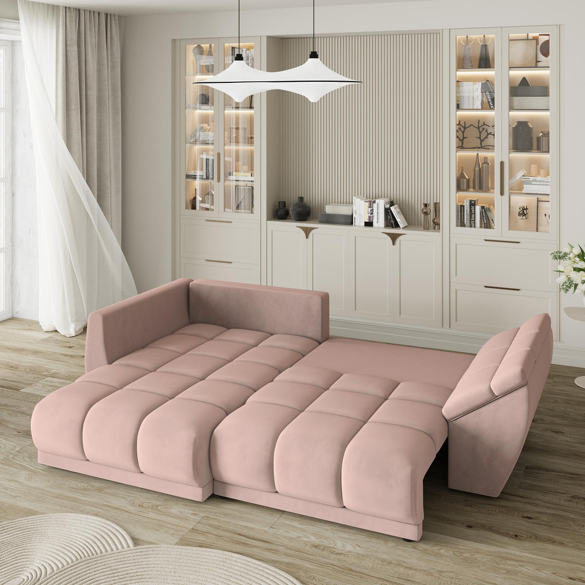 ECKSOFA ORENTI L-S Rosa Velours-Stoff mit Schlaffunktion - Rosa, Holz (287/182cm) - MASSENO