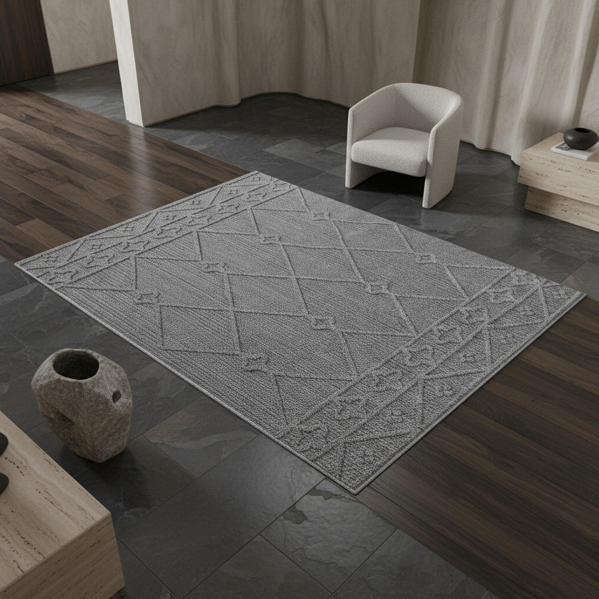 TEPPICH Outdoor Flachgewebe Berber-Muster Polypropylen Terrasse Grau Rechteckig 200x290 - Grau, Textil (200/290cm) - KADIMA DESIGN