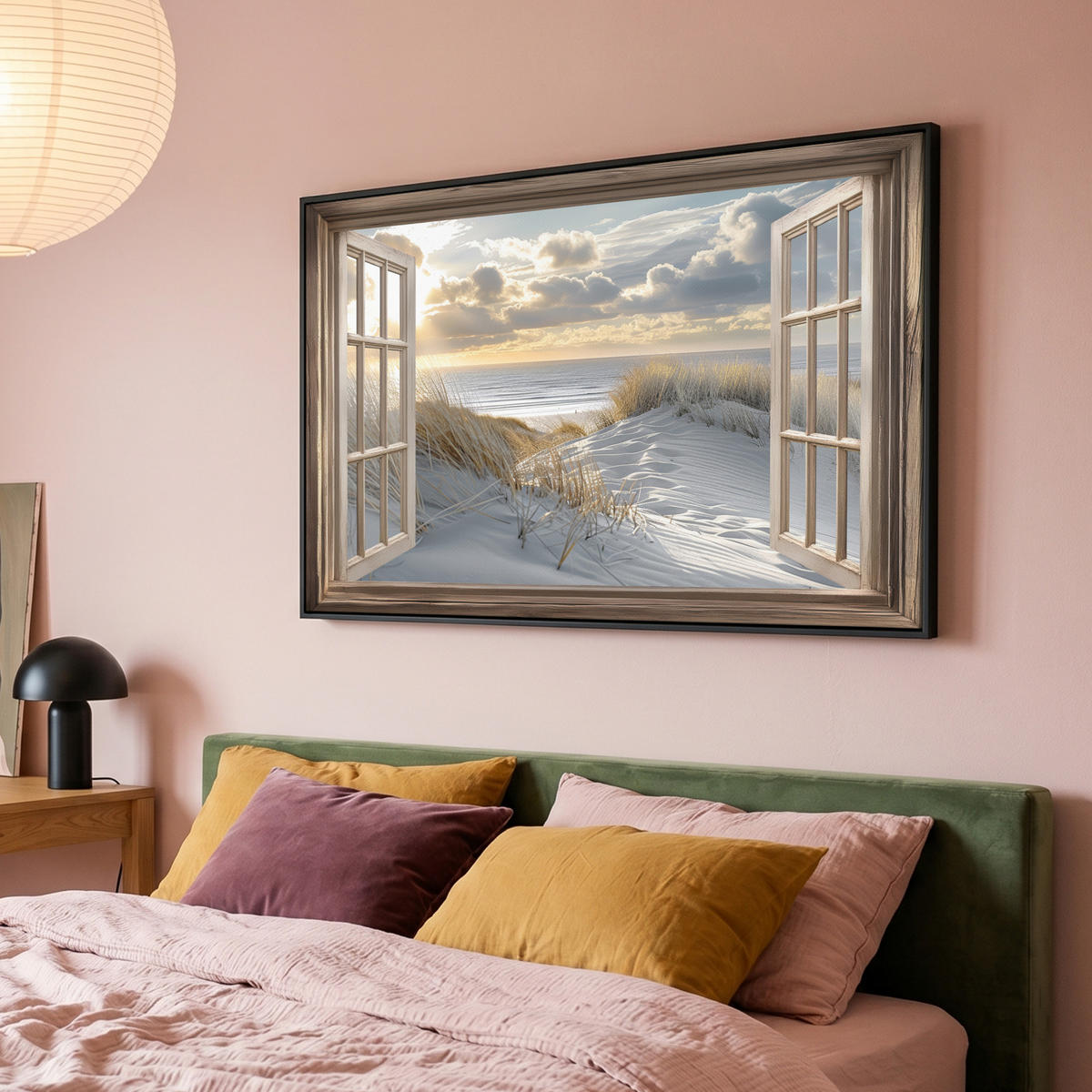 LEINWAND Bilder mit Rahmen - Ausblick - Strand - Dünen - Meer - Natur - 120x80 - Sandfarben, Textil (120/80cm) - MuchoWow