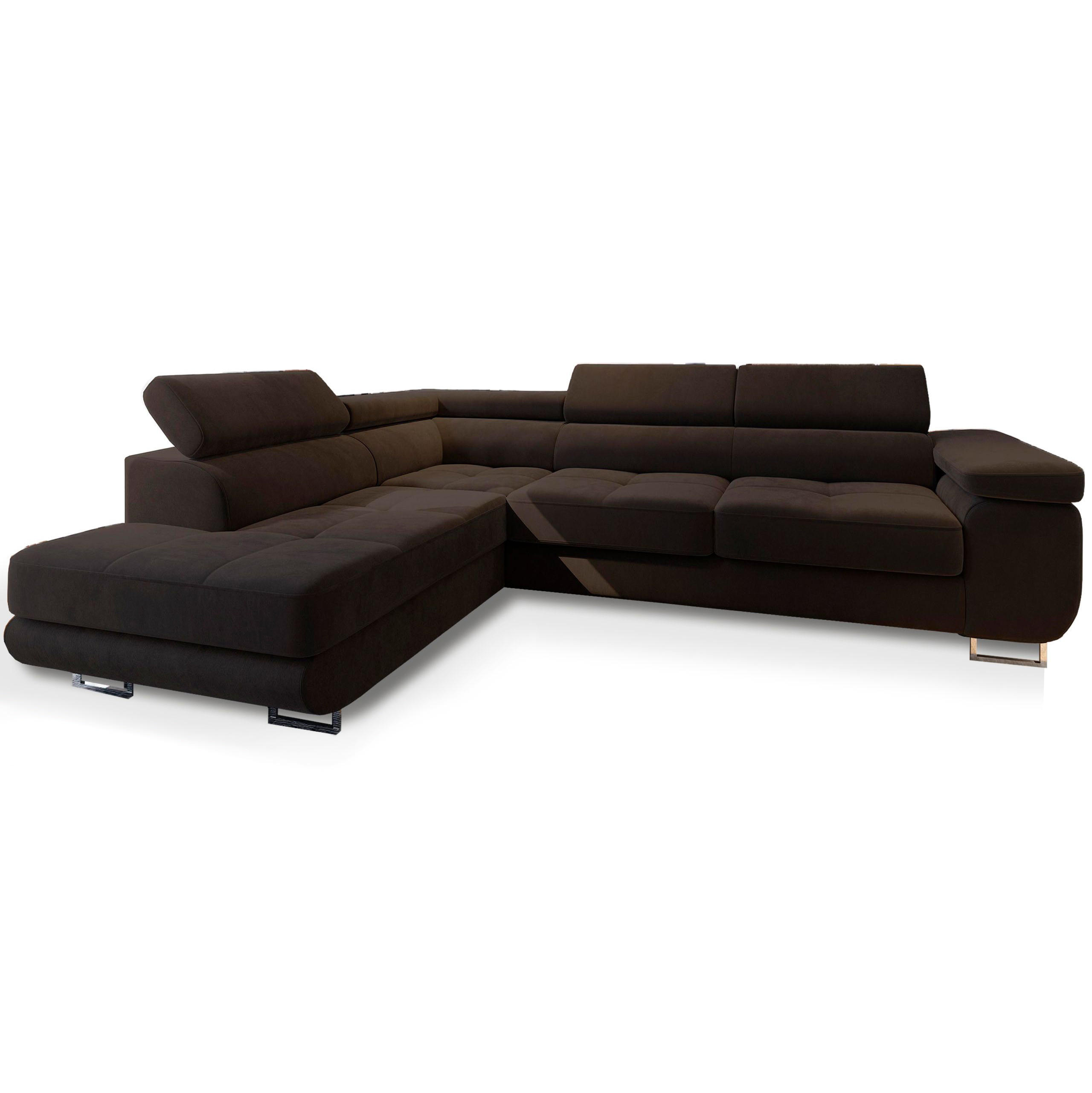 ECKSOFA SELVA L-S Braun Velours-Stoff mit Schlaffunktion - Braun, Holz (275/202cm) - MASSENO