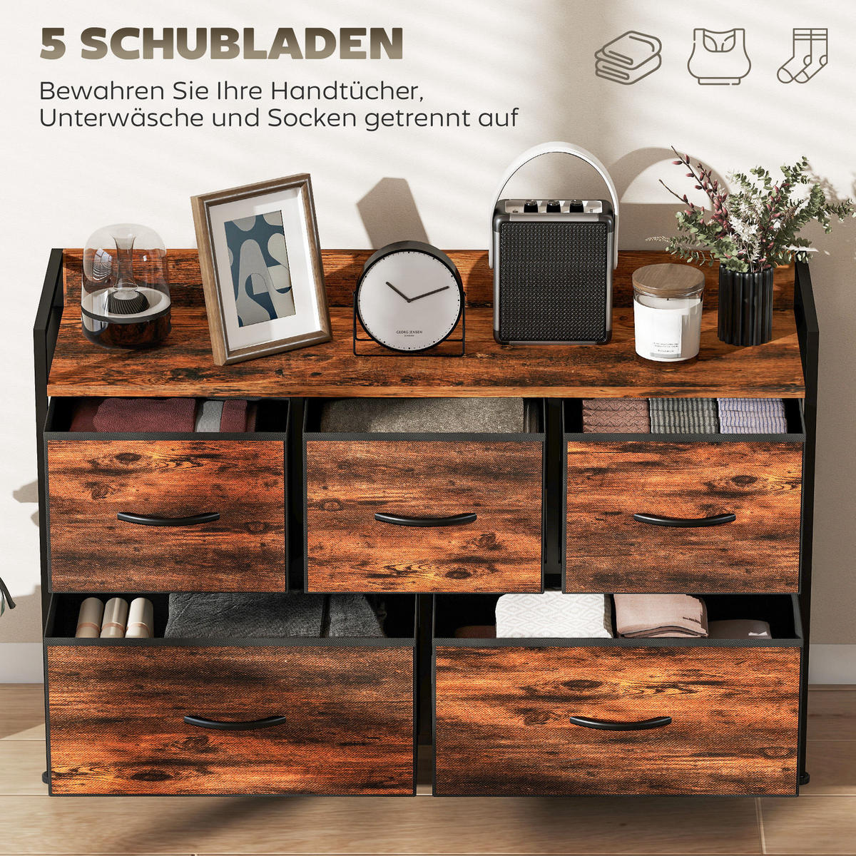 KOMMODE mit 5 Schubladen aus Stoff Kommodenschrank mit Stahlgestell Braun - Braun, Textil (29/63/98cm) - HOMCOM