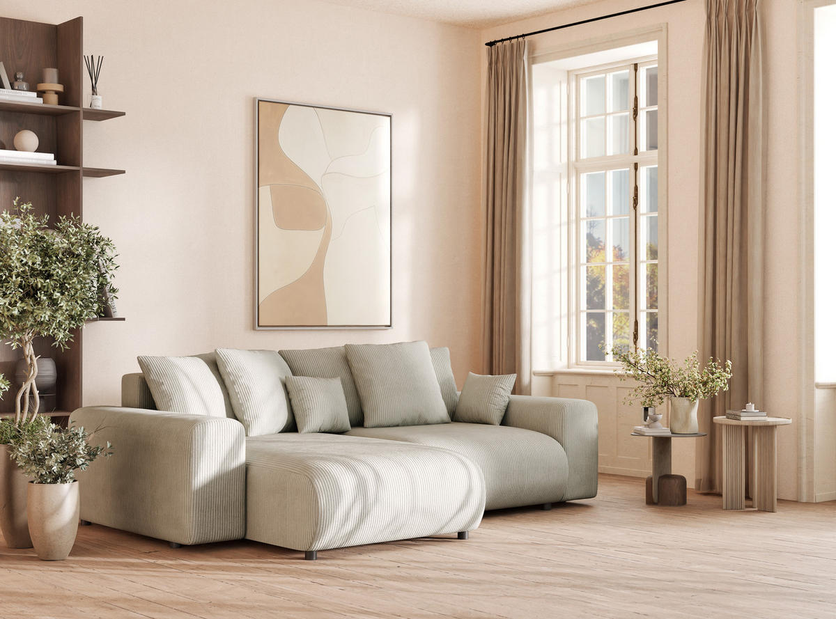 ECKSOFA MIT SCHLAFFUNKTION Solo Creme Samtstoff - Hellgrau/Schwarz, Holz/Holzwerkstoff (255/168cm) - Maison de Reve