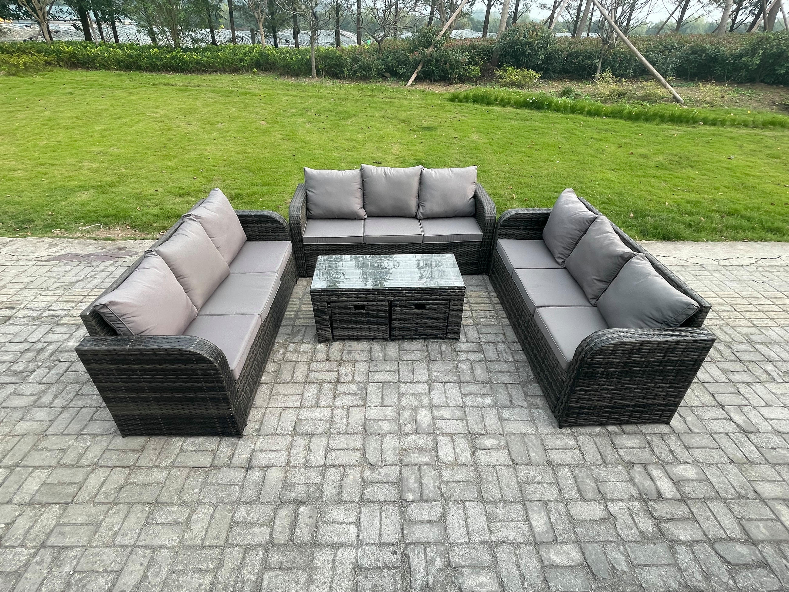 GARTENSOFA SET mit rechteckigem COUCHTISCH Polyrattan 11-Sitzer Dunkelgrau - Dunkelgrau/Grau, Glas/Kunststoff - Fimous