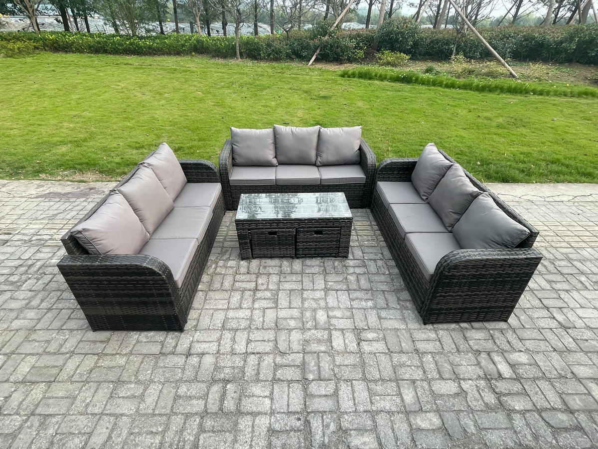 GARTENSOFA SET mit rechteckigem COUCHTISCH Polyrattan 11-Sitzer Dunkelgrau - Dunkelgrau/Grau, Glas/Kunststoff - Fimous