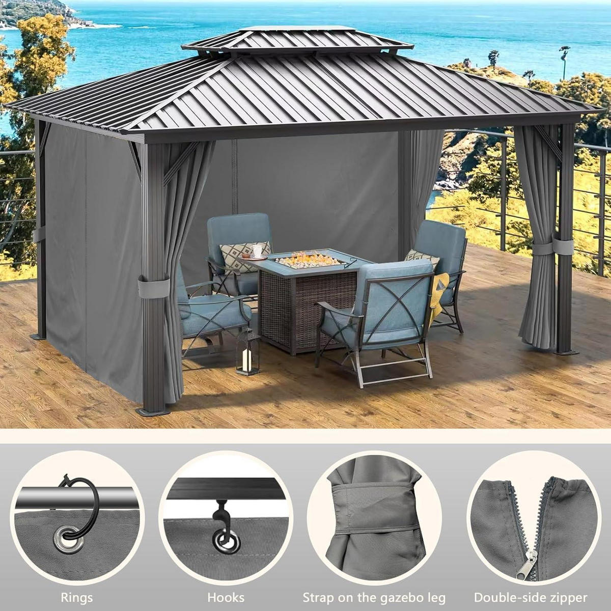 PAVILLON-SEITENWAND Set 4-teilig Grau 300x224 cm - Grau, Textil (300/224/300cm)