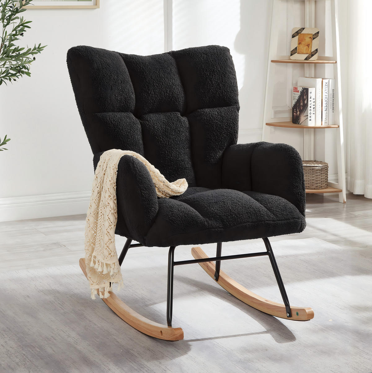 SCHAUKELSTUHL 44/50/47 cm dunkelgrau aus Polyester mit Holzgestell - Dunkelgrau, Textil (89/101/69cm) - OKWISH