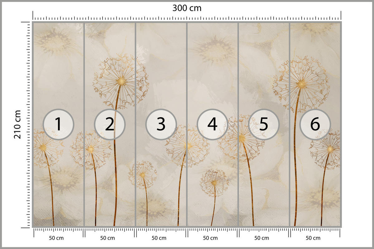 FOTOTAPETE für Schlafzimmer Goldene Löwenzahn Aquarell Blumen 300x210 - Gelb/Beige, Papier (300/210cm) - Muralo